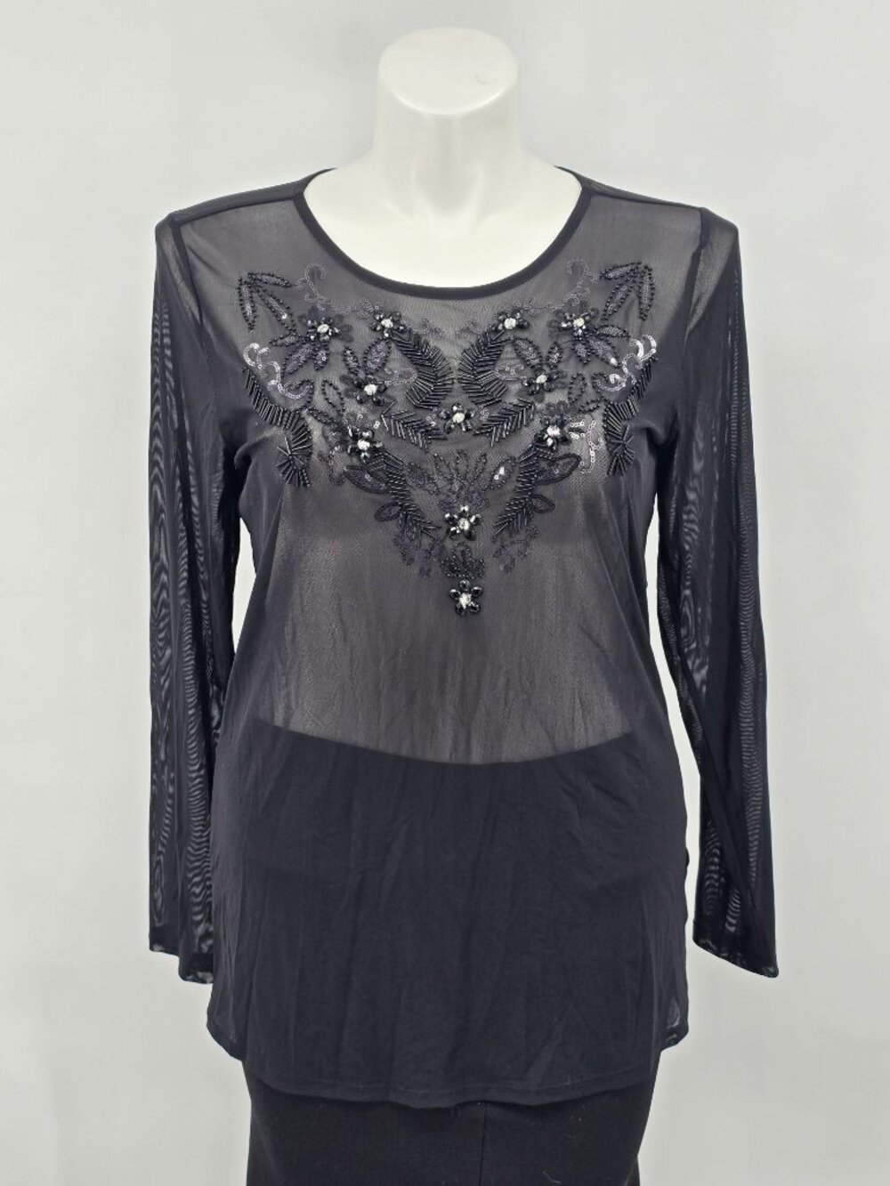 Torrid 2 Womens 18/20 Black Sheer Top Beaded Floral Embellished Long Sleeve